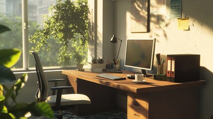 Home office setup with desk chair computer and plants for remote work and productivity inspiration