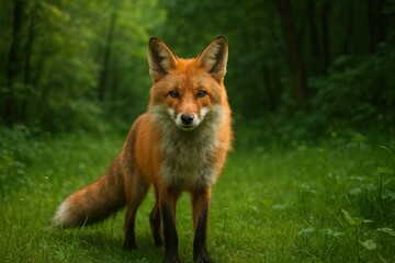 Fototapeta premium Fox standing in lush forest.