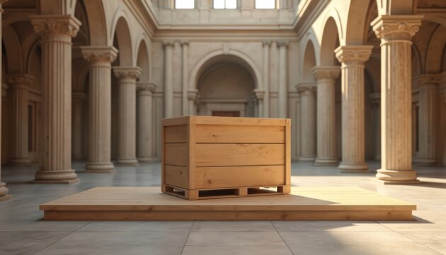 Wooden crate stands on platform in grand hall with columns arches. Crate, potentially for shipping storage, sits center stage. Architectural setting with pillars, perfect for storage, museum, gallery