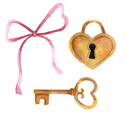 Heart lock, key, pink bow. Set for decoration. Watercolor illustration. Symbol of eternal love.