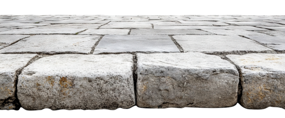 Paved sidewalk with textured stone tiles, isolated on transparent cutout background