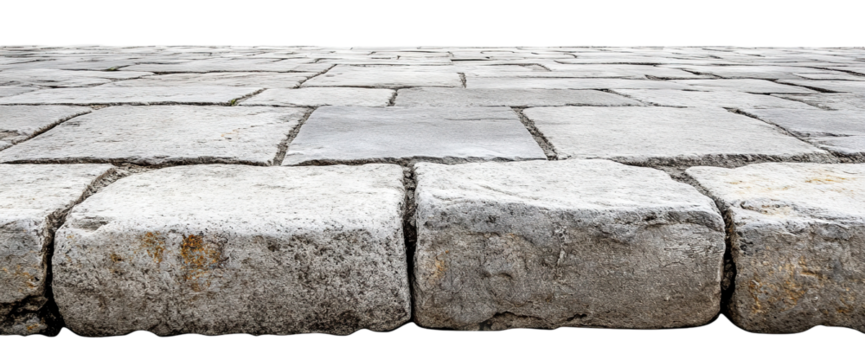 Paved sidewalk with textured stone tiles, isolated on transparent cutout background