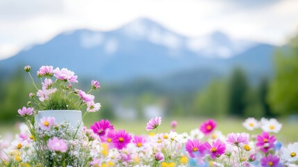 Fototapeta premium A vibrant bouquet of colorful flowers in rustic vase placed among blooming wildflowers, scenic mountain backdrop on a soft-focus background, and nature beauty concept.