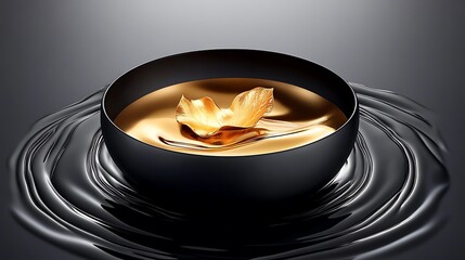 Luxurious gold-toned liquid in a dark bowl, creating ripples.