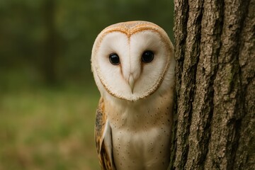 Barn owl peeking tree nature
