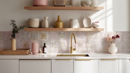Delicate mandala backsplash design enhances pastel modern kitchen ambiance