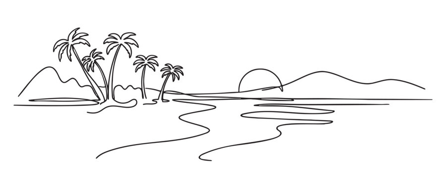 Beach panorama in continuous single line style. Sunset with coconut palm and sea. Vector illustration.