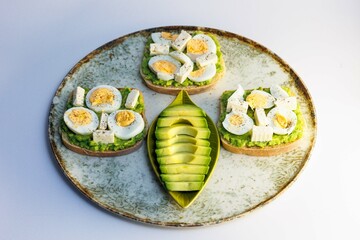 Healthy meal consisting of toast, avocado and boiled eggs arranged on a plate