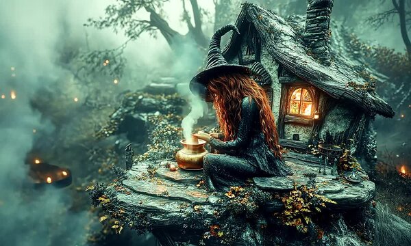 Witch brews potion in mystical forest cabin