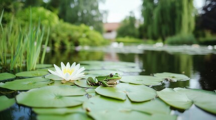 Frog on lily pad with water lily in pond nature scene