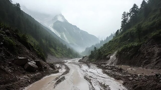 Muddy road amidst mountain landscape with low visibility conditions after heavy rainfall