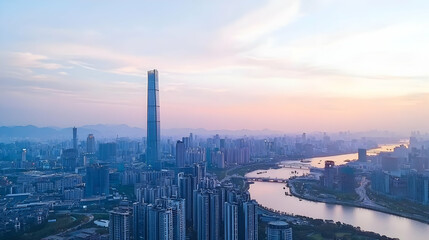 Aerial View Of City Skyline At Sunset Over River