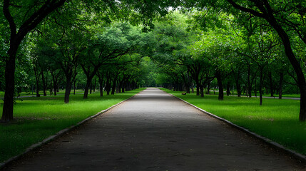 Park Path Lined With Lush Green Trees