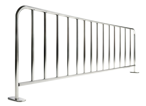 Metallic crowd control barrier with vertical bars, isolated on transparent cutout background