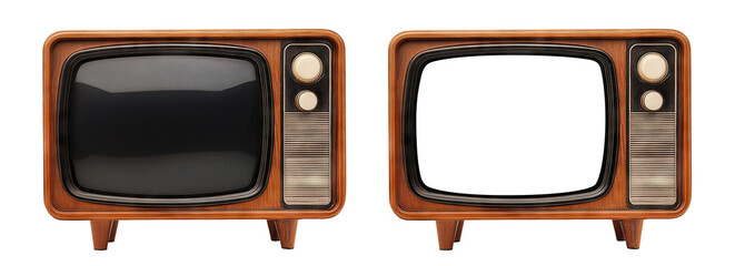 Set of two vintage wooden TVs, isolated on transparent cutout background
