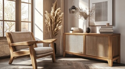 Sun-drenched living room showcasing warm, natural tones.