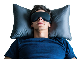 Young man sleeping with eye mask on pillow, isolated on transparent cutout background
