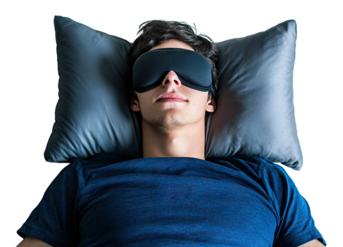 Young man sleeping with eye mask on pillow, isolated on transparent cutout background
