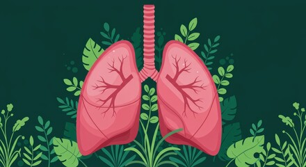Human lungs illustration with green leaves on dark green background. Lung health symbol concept. Medical graphic for anatomy study, for health awareness campaign.