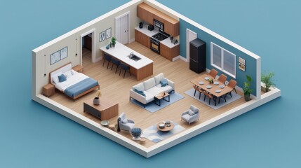 Contemporary isometric home interior design cozy living room modern apartment minimalist aesthetics top-down view spatial harmony