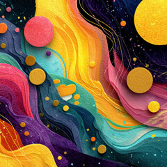 Vivid digital underwater scene with shades of purple, yellow, and blue abstract jellyfish or plankton floating amidst bubbles or stars - AI-Generated