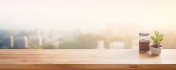 Serene Workspace with a Touch of Nature: A calming workspace, featuring a wooden desk set against the backdrop of a blurred cityscape and bright sunlight, is accented by a decorative plant and a jar.