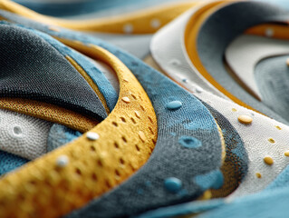 Close-up image of blue and gold fabric swatches with patterns, primarily stripes and polka dots Shiny texture fabrics with water droplets Soft lighting causing subtle reflections No - AI-Generated