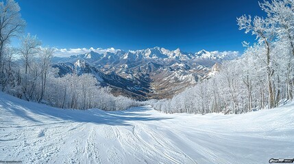 Fototapeta premium Pristine winter ski slope leading to majestic snow-capped mountain peaks. Frosted trees line the slope, bathed in bright sunlight