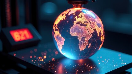 Futuristic holographic globe display with digital data visualization. 3D Printing