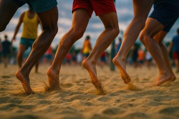 People's legs running on sandy beach in a dynamic outdoor scene, focused on movement and energy.