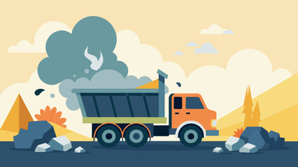 Naklejka premium Clouds of smoke and exhaust engulf the scene as a dump truck hauls away rubble and debris.. Vector illustration