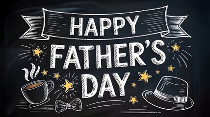 happy father's day card with bold chalk lettering, stars, coffee mug, and simple illustrations on a textured chalkboard background