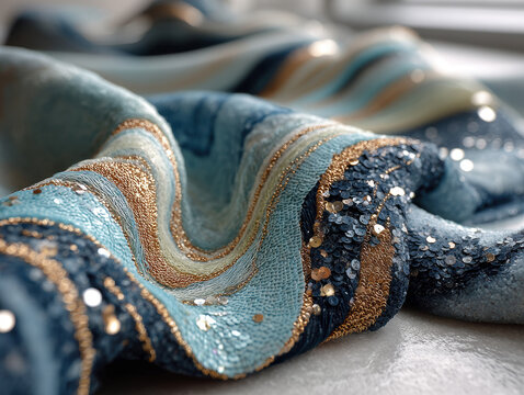 Close-up of blue and gold geometric pattern textile, with sparkling particles, dynamic quality, angled perspective, depth, no texts - AI-Generated - Powered by Adobe