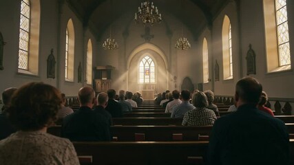 Congregation seen from behind attending a service in a sunlit church, light rays illuminating the aisle, fostering a sense of shared faith, communal prayer, and spiritual reflection
