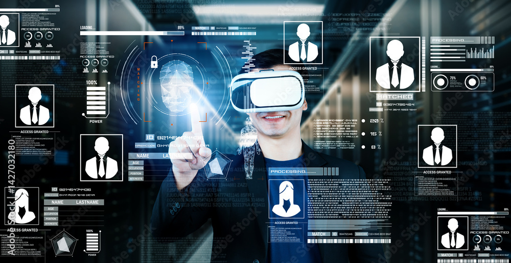 Poster business man pointing at security system hologram and standing at data center. skilled project manag