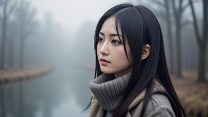 Pensive Asian Woman in Turtleneck Sweater by Foggy River in Autumn Landscape