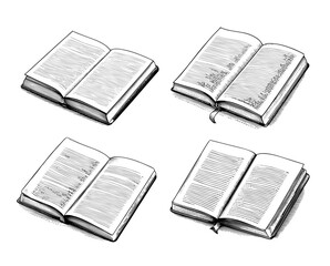 Obraz premium Open books illustrated antique ink style in monochrome representing knowledge and literature