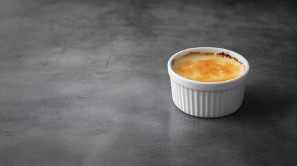 Crema Catalana Spanish Dessert Cracked custard a minimalist white ramekin only the burnt topaz caramelized sugar crust in color Spain's answer to crme brle Ramekin and table in grayscale