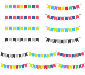 buntings garlands, Carnival garland with flags. Decorative colorful party pennants for birthday celebration, festival and fair decoration

