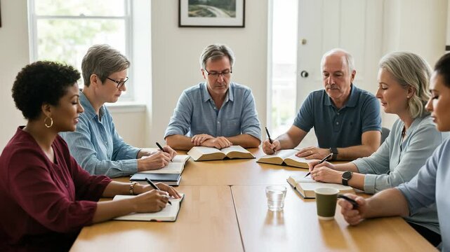Diverse group of adults engaged in a focused study session with open books and notebooks at a table, representing collaborative learning, spiritual discussion, or intellectual pursuit