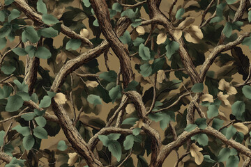 Real tree forest hunting camouflage seamless pattern design with barks and leaves. Camouflage repeat pattern