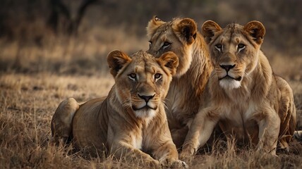 Obraz premium Three majestic lions resting in the african savanna warm sunlight