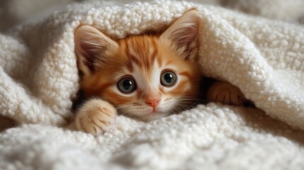 Adorable orange kitten snuggled in soft blanket with big curious eyes