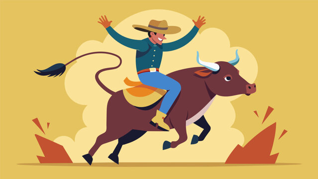 As the rodeo announcer cheers on the brave rider the bull bucks and twists but he remains resolute determined to tame the beast beneath him.. Vector illustration