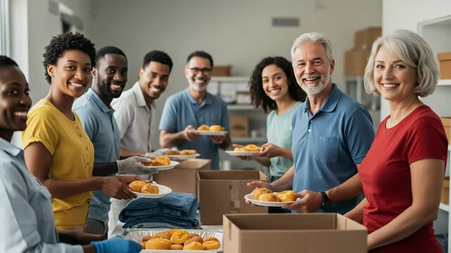 Volunteers hand out warm meals along an assembly line in a bustling community kitchen, highlighting cooperation and empathy, applicable to social welfare initiatives and charitable outreach  
