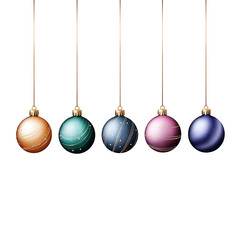 Colorful Christmas Baubles Hanging From Strings on a White Background