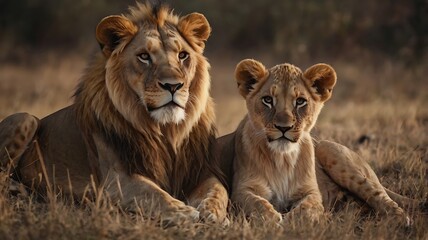 Fototapeta premium Majestic lion and cub resting in the african savanna at dusk