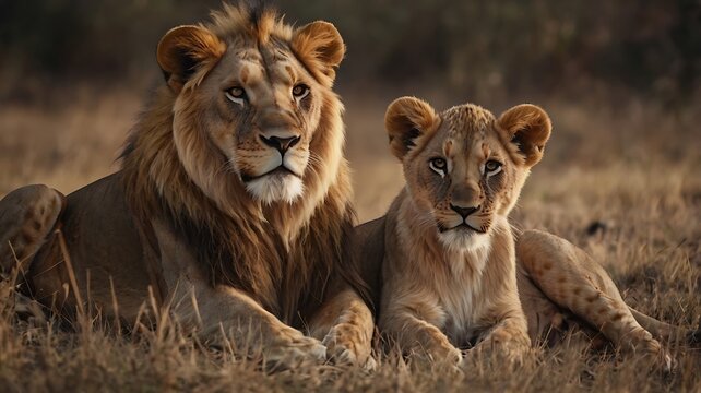Majestic lion and cub resting in the african savanna at dusk