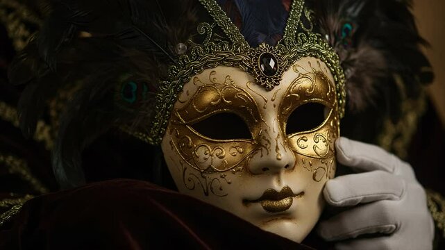 Ornate venetian mask with gold patterns and peacock feathers held by a gloved hand, evoking mystery and elegance for carnival, theatre, or masquerade ball themes and artistic expression