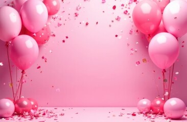 Pink background with balloons and confetti for birthday. Banner with space for inscription.